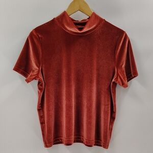Madewell Top Size Medium Rust Velour Short Sleeve Mock Neck Fall Color